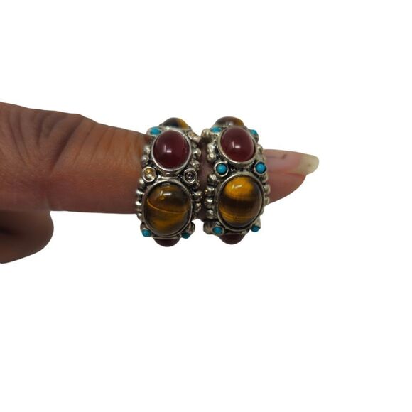 Vintage R.J. Graziano Silver Metal Tiger Eye & Turquoise Half Hoop Clip-On Earri - Picture 4 of 9